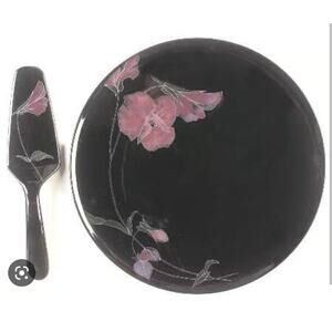 Mikasa Tango China 12 1/4" Flat Cake Serving Plate w/ server black purple floral